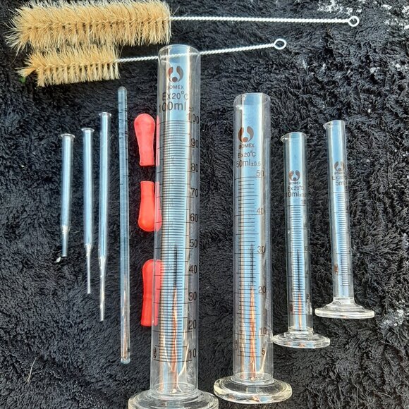 Glass Graduated Cylinders 100 ml, 50 ml, 10ml, 5 ml & 3 Glass Dropper Glass Stir - Picture 2 of 6